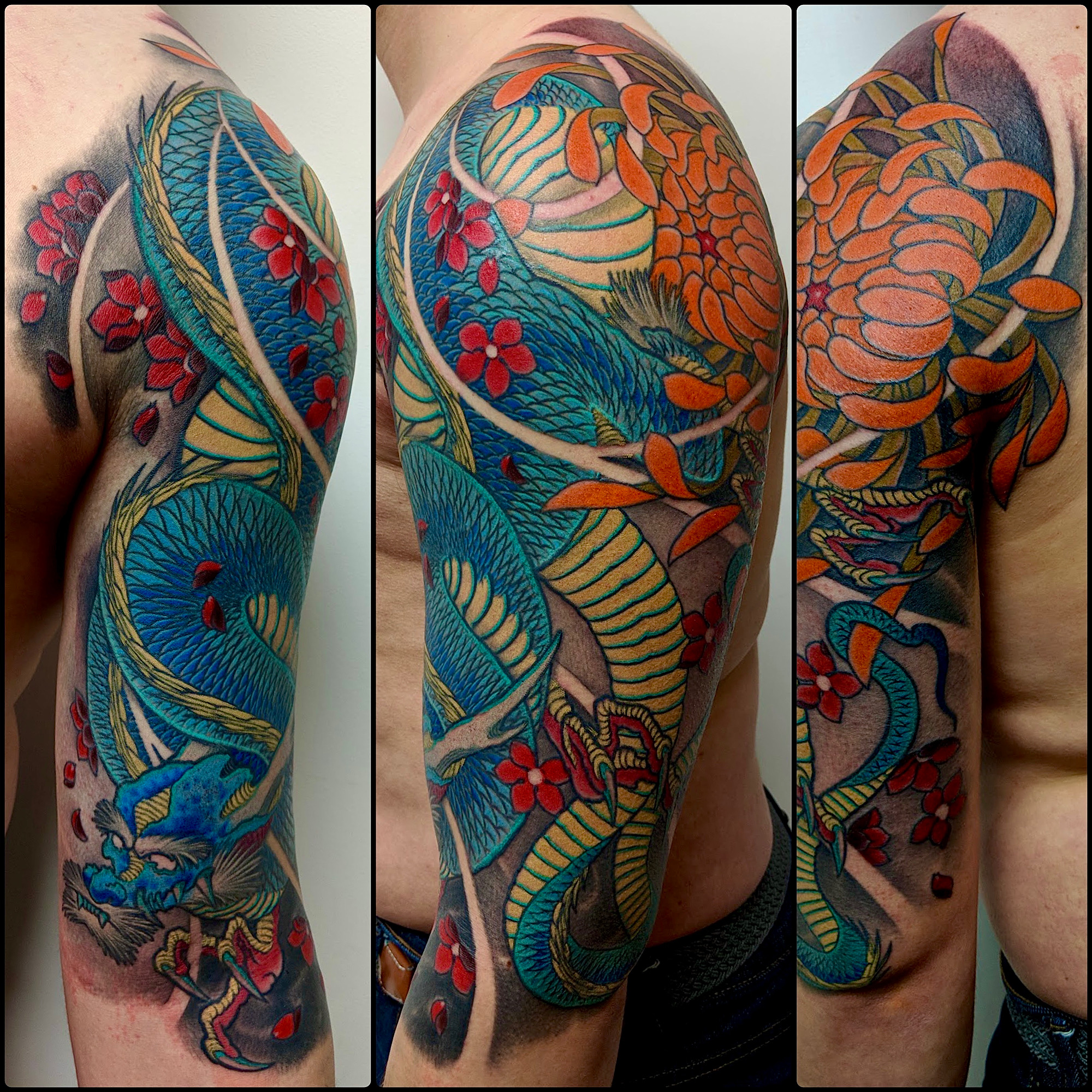 Neo Japanese tattoo colour irezumi oriental blue dragon ryu peony cherry blossom by ricks custom tattooing Ricardo Pedro at nexus collective