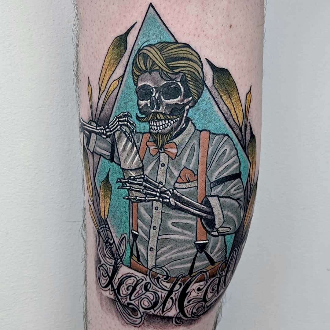Neo traditional colour tattoo of a barman bartender skeleton mixing a drink gentleman mixologist last call lettering in script by Ricks custom tattooing Ricardo Pedro at Nexus Collective