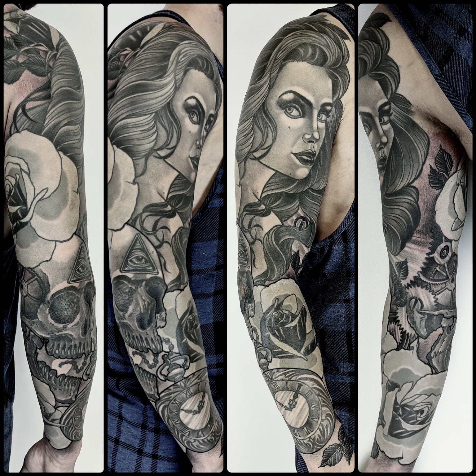 Neo traditional tattoo black and grey Lady’s face skull roses and pocket watch by ricks custom tattooing Ricardo Pedro at nexus collective