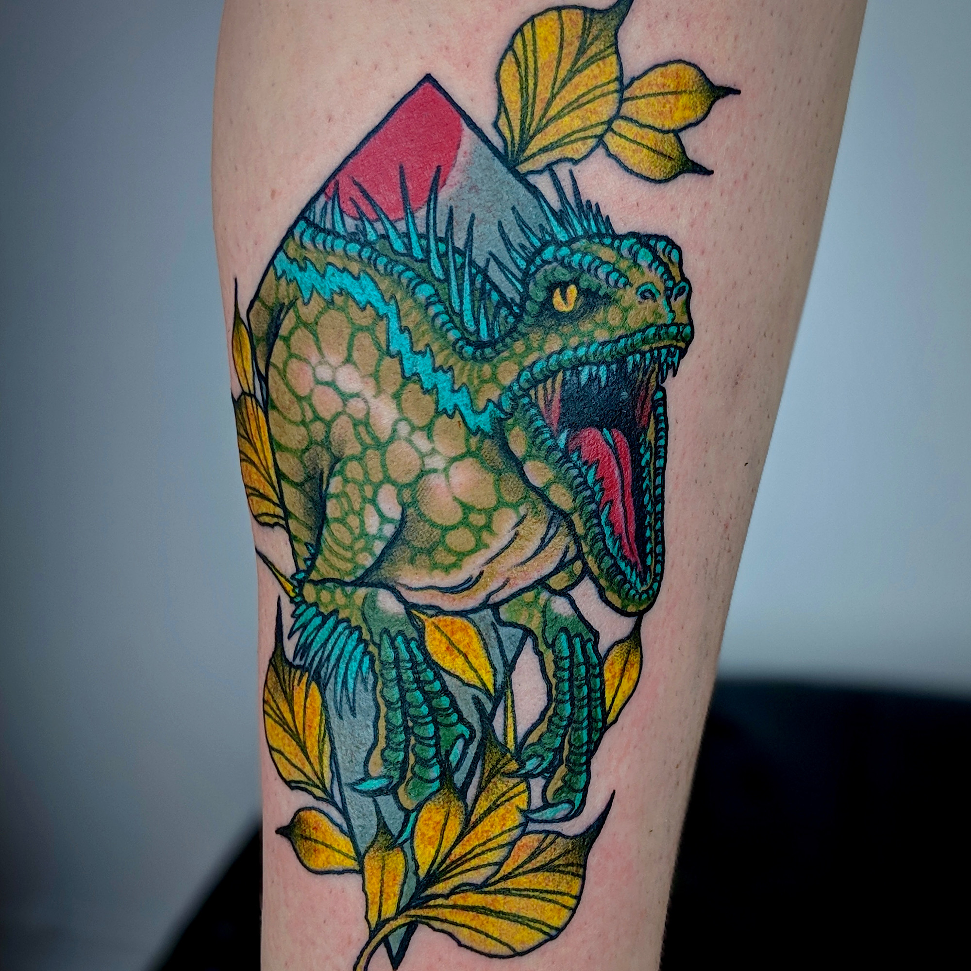 Neo traditional colour tattoo velociraptor dinosaur Jurassic Park by ricks custom tattooing Ricardo Pedro