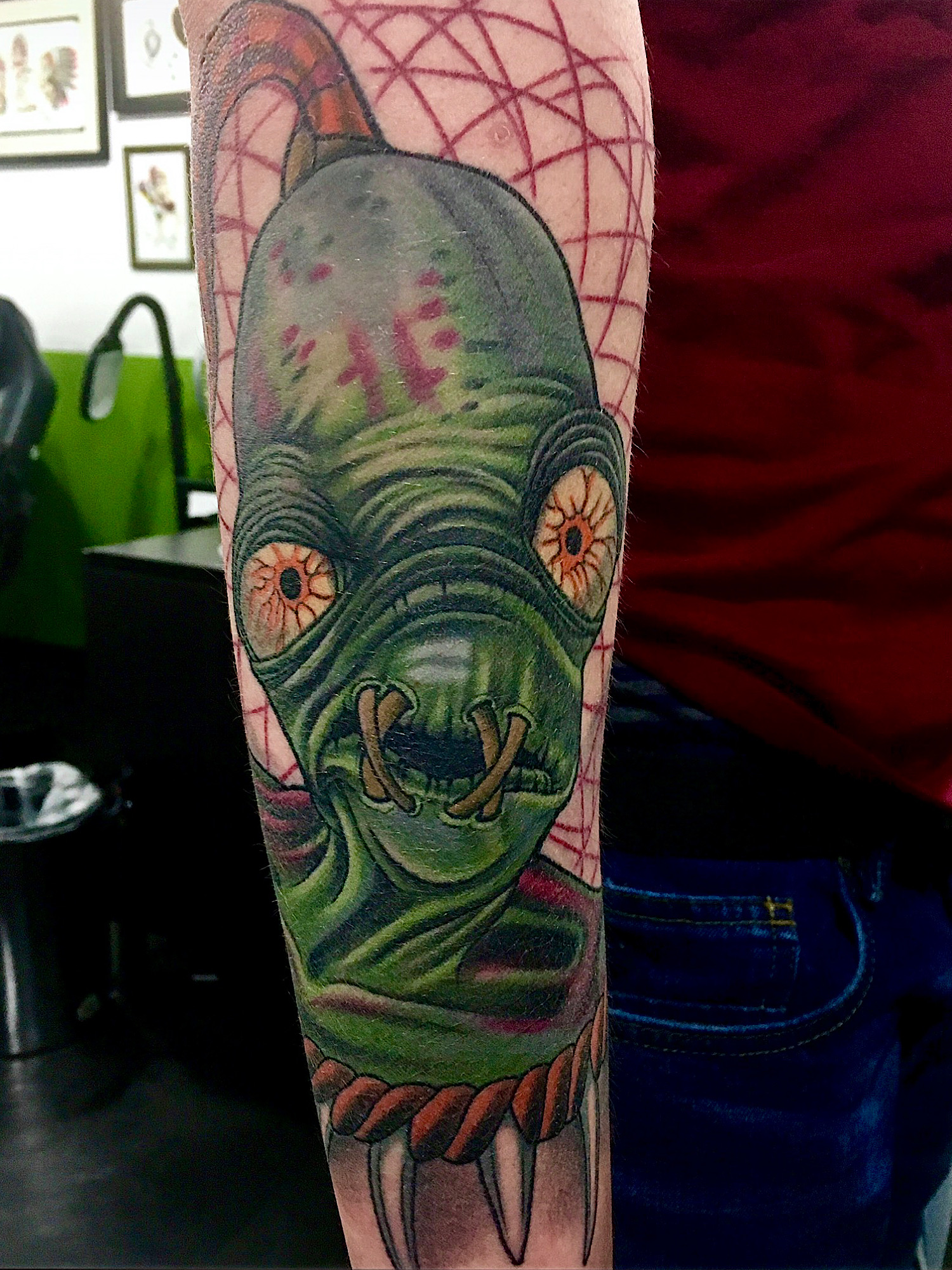 Neo traditional colour tattoo of Oddworld Abe’s Oddysee Abe by Ricks custom tattooing Ricardo Pedro at Nexus Collective