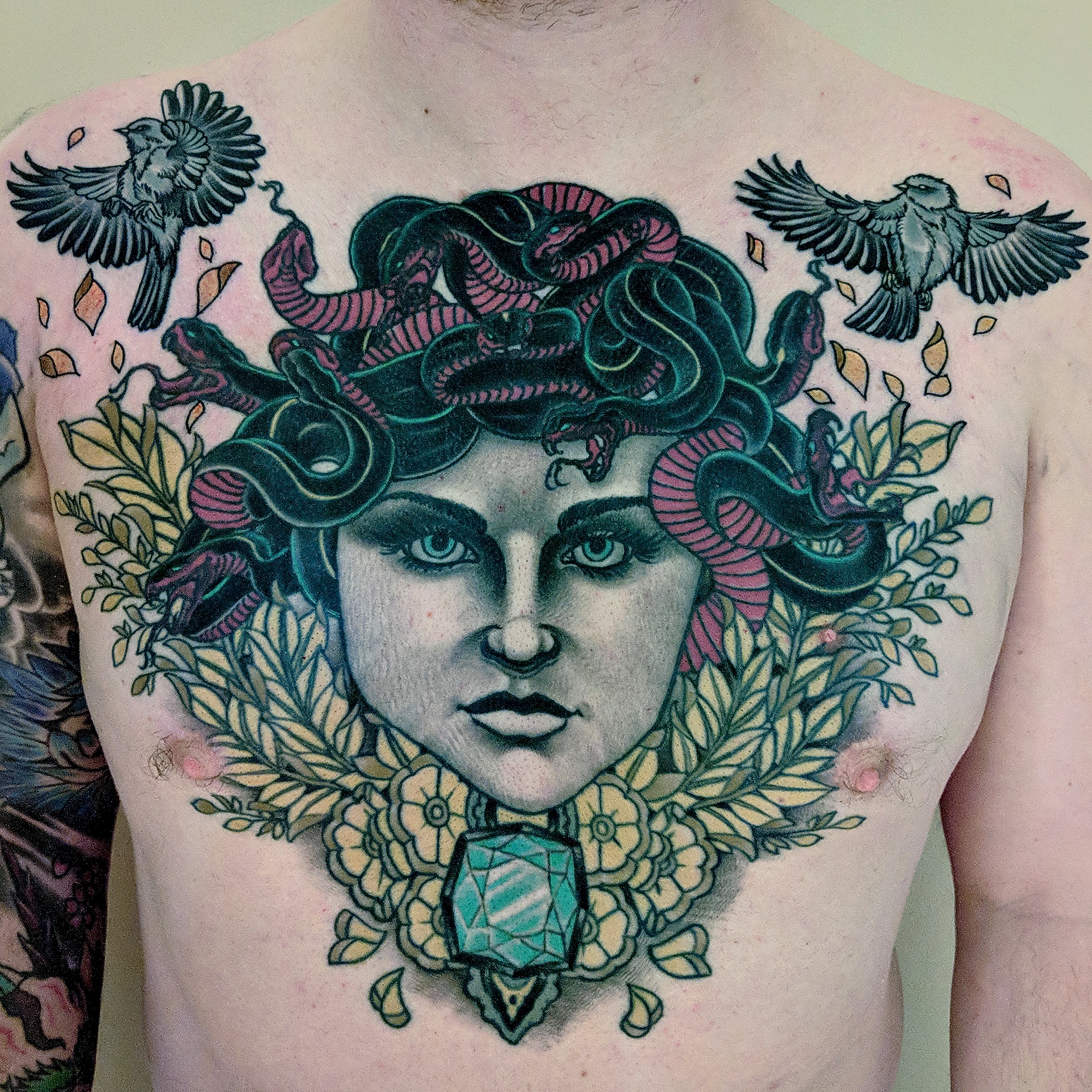 Neo traditional colour Medusa tattoo birds with gem diamond and leafs background by Ricks custom tattooing Ricardo Pedro at Nexus Collective