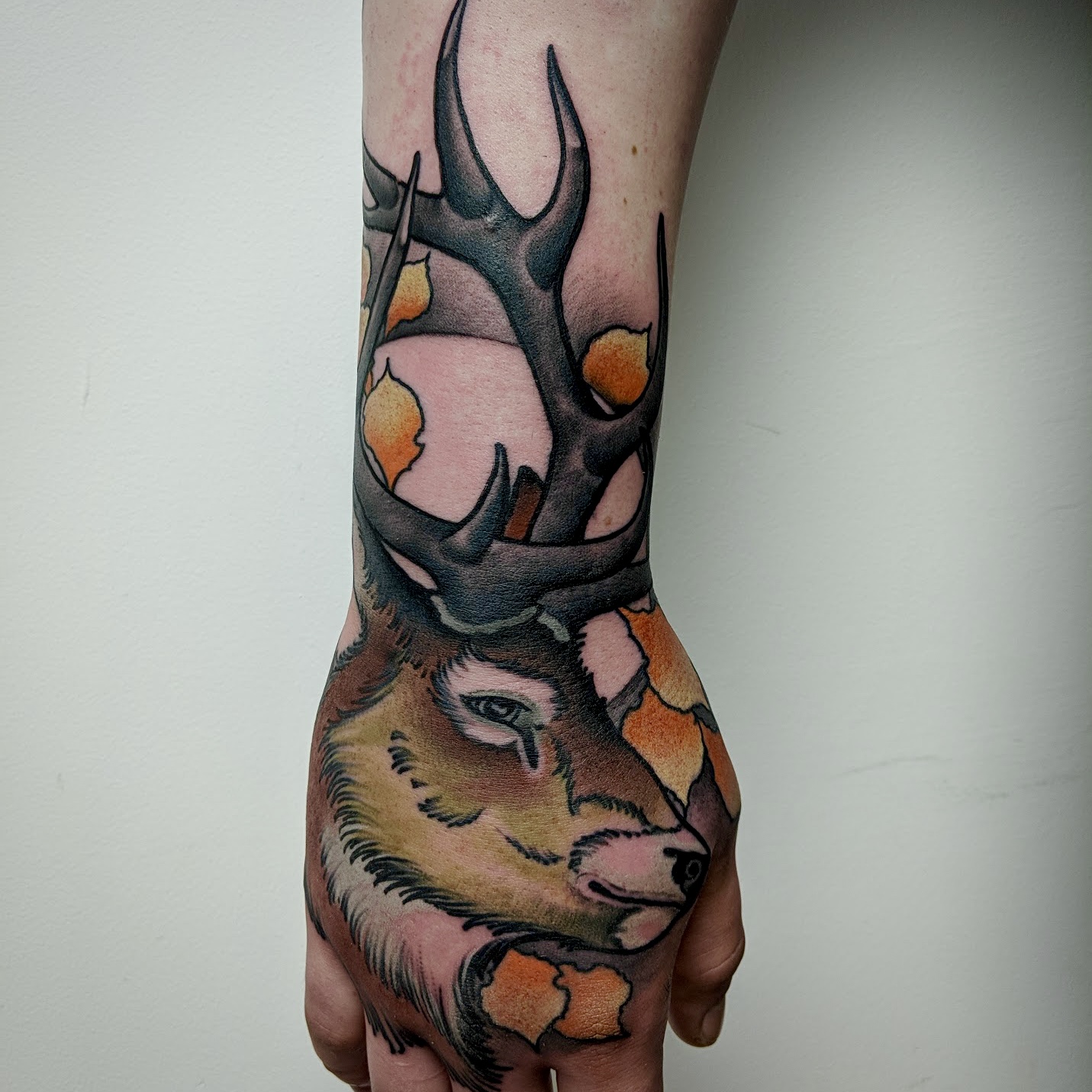Neo traditional hand tattoo piece red stag buck deer head and leaves in colour work by ricks custom tattooing Ricardo Pedro at nexus collective
